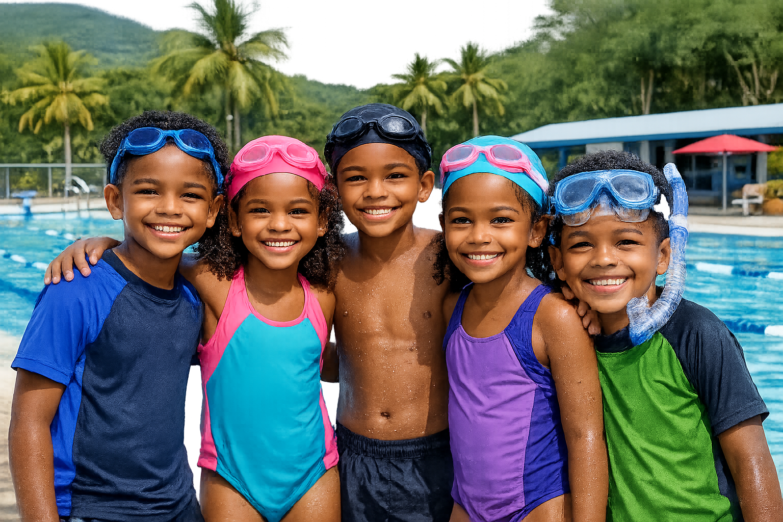 Groupe de personnes devant une piscine